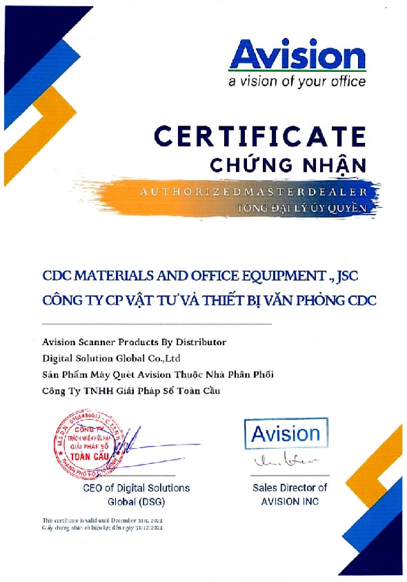 Chứng nhận CDC là Tổng đại lý ủy quyền phân phối sản phẩm máy scan Avision tại miền Bắc. 